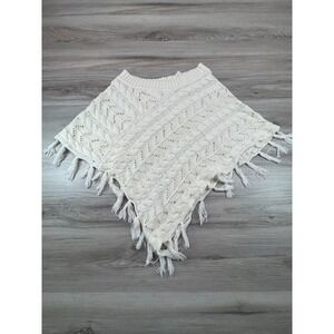Mudd Womens Cream Cable Knit Tassel Fringe Poncho Sweater L-XL Boho Hippie